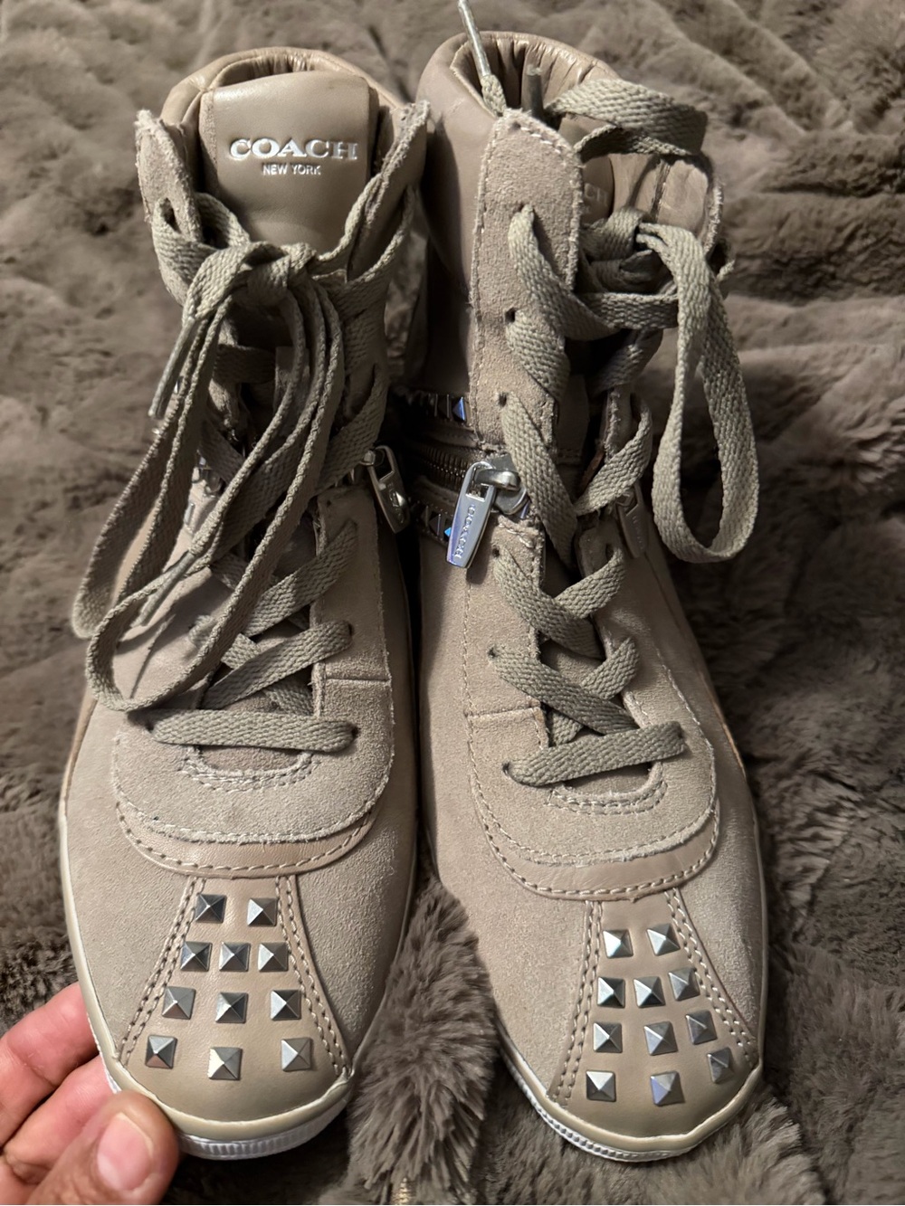 COACH Taupe Wedge Sneakers with Silver Studs